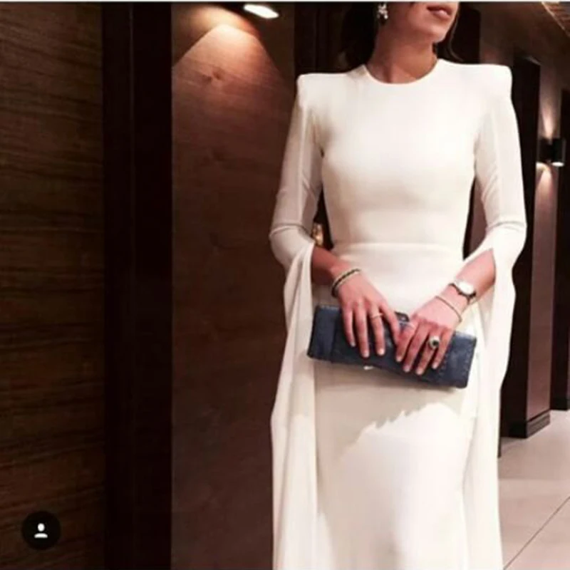

Real Sexy White Saudi Arabian Key Hole Back Kaftan Mermaid O Neck 3/4 Sleeves Sweep Train Chiffon Fabric Mother of Bride Dresses