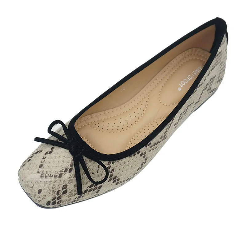 New 2021 Snake Print Women's Flat Square Toe Large Size Comfortable Soft-Soled Ballet Shoes Fashion Bow Casual 5