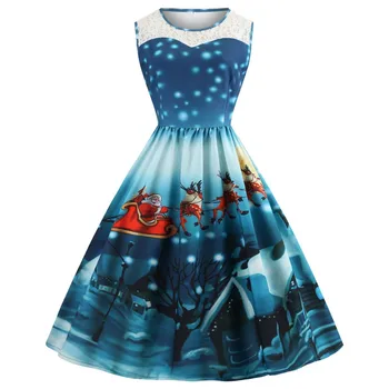 

Christmas Dress Women costume Floral Print Slim Vintage Dress Casual Sleeveless Elegant Midi Party Dresses Vestidos Robe