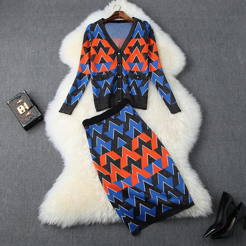 

Knitted Skirt Suits 2019 Women's Autumn And Winter New Contrast Color Diamond V-neck Cardigan Jacket + Package Hip Skirt Set