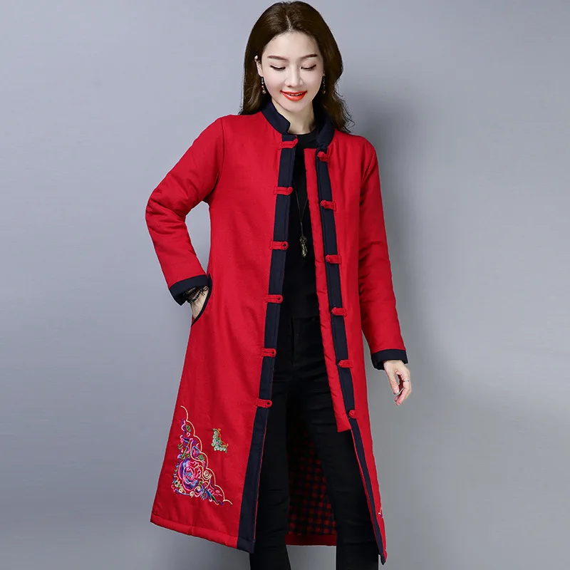 

Ethnic-Style 2018 Winter New Style Chinese-style Cotton Linen Embroidered Thick Stand Collar Long Cotton-padded Jacket Large Siz