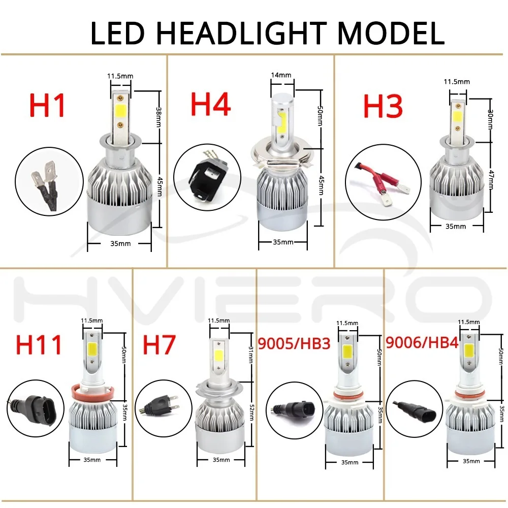 Hviero H4 H7 H11 H1 H3 9005 9006 COB Car LED Headlight Bulbs Hi-Lo Beam 72W 8000LM 6500K Auto Headlamp Led Car Lights DC 12v 24v