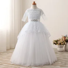 Half Sleeve Cute Lace Flower Girls Dresses 2021 Junior Wedding Party Dress Ball Gown Beaded Sash Lace Appliques Pageant Gown