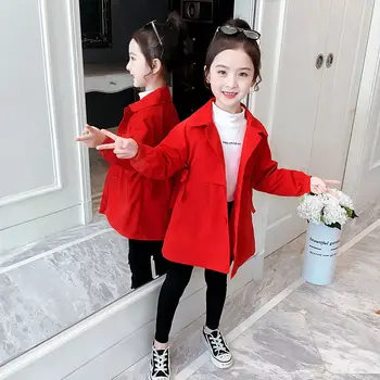 

INS HOT Baby Girls Windbreaker 4-13 Years Old Spring and Autumn Clothing Embroidered Letters on Belt Children's Mid-length Coat