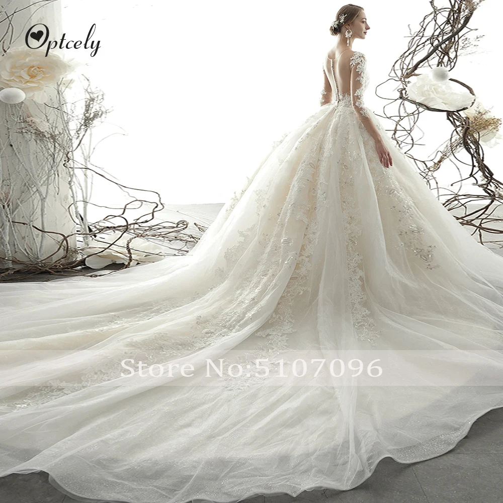 Optcely Vintage O-Neck Three Quarter Button Ball Gown Wedding Dresses Appliques Beaded Bride Princess Dream Robe De Mariee