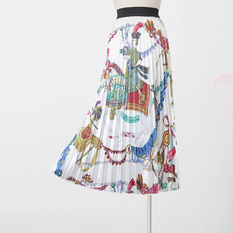 Плиссированная юбка с принтом в стиле ретро, осень, новинка, высокая талия, темперамент, большая женская юбка-свинг