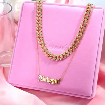 

Trendy 2 Layered Necklace For Women Rhinestone Miami Cuban Choker Babygirl Letters Charms Long Chain Gold Color Punk New Jewelry