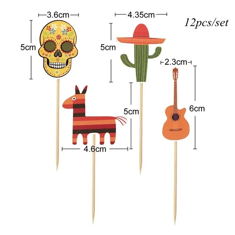 1 комплект Мексиканская фиеста вечерние Альпака кактус шляпа Ослик украшения для кексов торт для детского праздника украшение лето свадьба день рождения поставки - Цвет: 12pskull caketop A