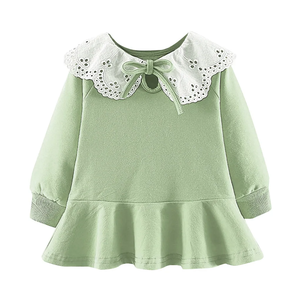 Зимнее платье с длинными рукавами для новорожденных девочек; кружевное однотонное Повседневное платье с рюшами для девочек; vestido infantil - Цвет: Зеленый