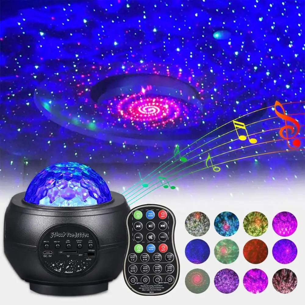 LED Laser Colorful Starry Sky Ocean Projector Night Light Remote Control Ocean Wave Projection Lamp With Bluetooth Music Speaker
