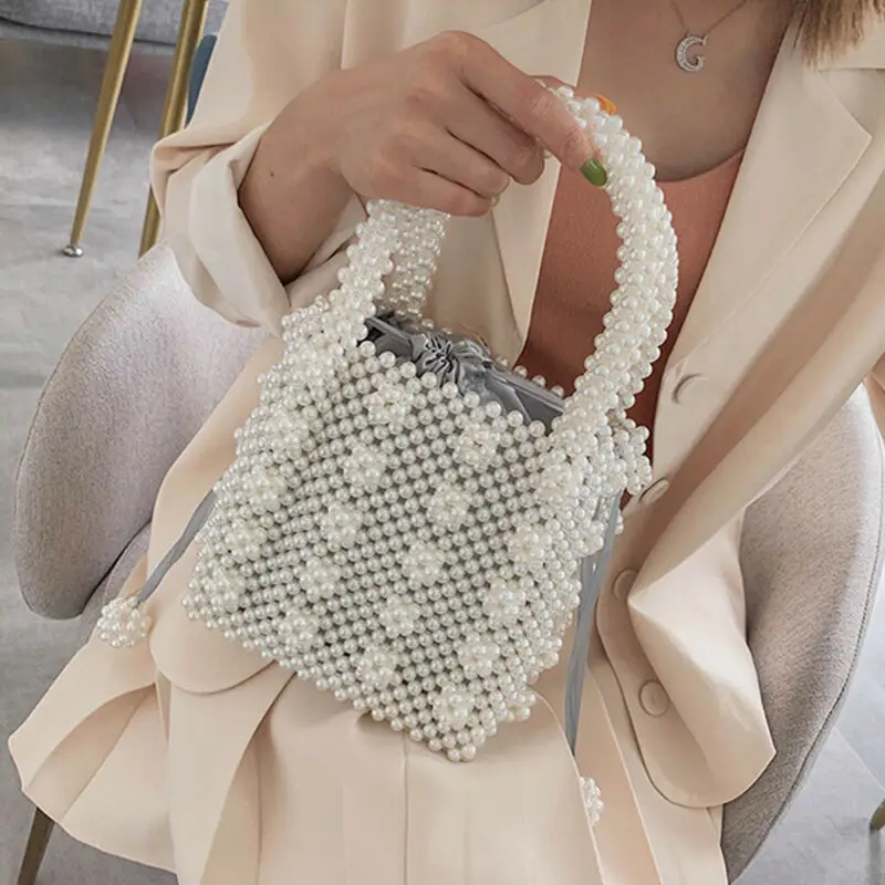 Luxury Women Beaded Bag Pearl Bag Weave Crystal Evening Purse Vintage Clutch Bag 