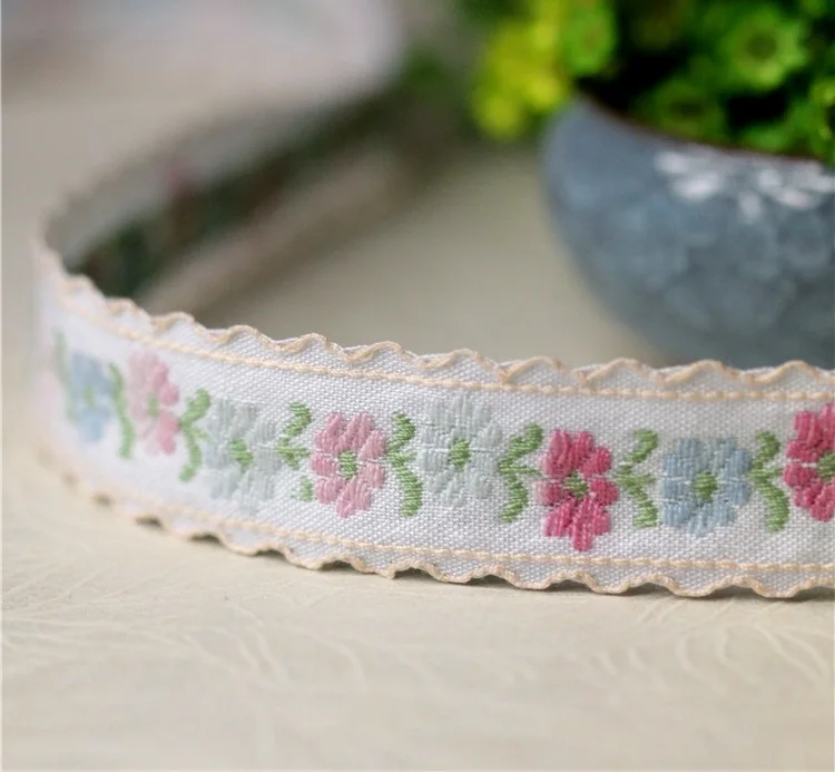 2.4cm wide 3meters/lot Small Pink Flower Embroidered Cotton Ribbon Lace Waves Sewing Accessories X1045