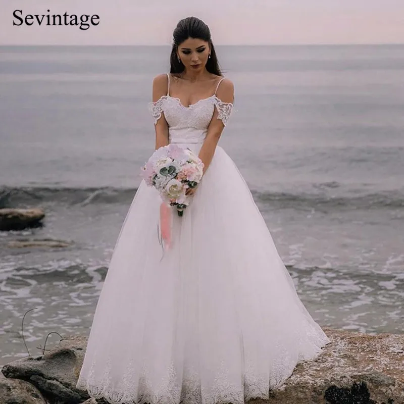Sevintage A Line Spaghetti Straps Boho Wedding Dresses Lace Sweetheart Long Bridal Gowns Open Back Sweep Train Robe De Mari�e