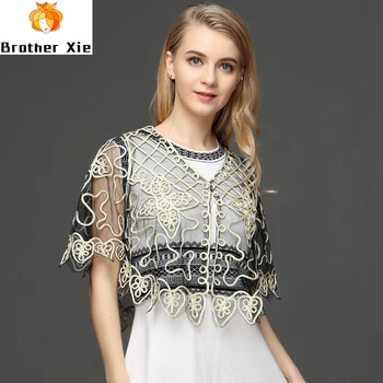 

2020 New Lace Shawl Jacket Thin V Neck Elbow Sleeve Cardigan Summer Women Embroidery Shrug Shawl Retro Bolero Coat