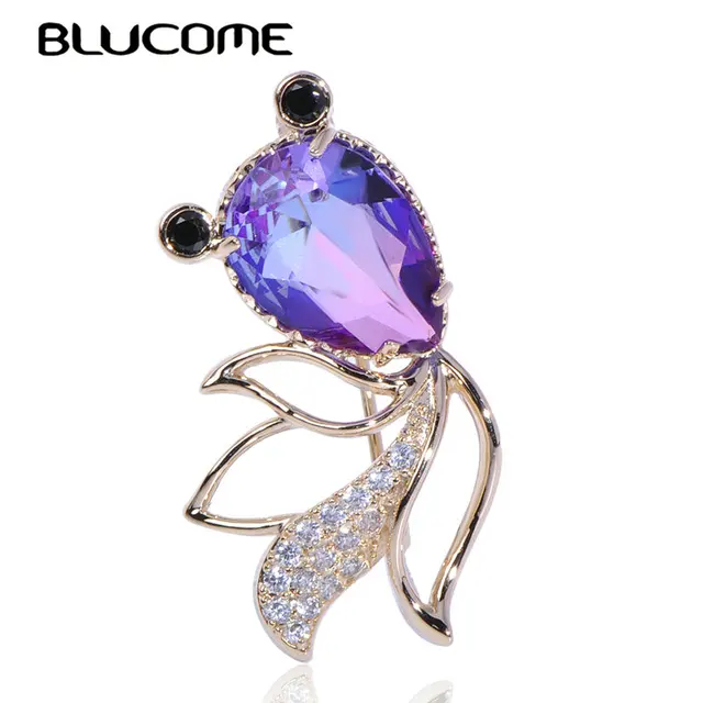 Blucome Cute Animal Brooch Goldfish Zircon Copper Jewelry For Women Girls Clothing Scarf Sweater Coat Pins Beautiful Accessories purple
