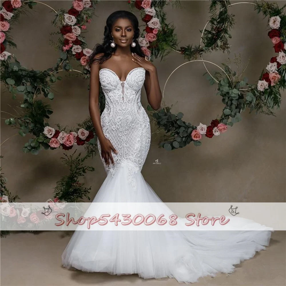 African Sweetheart Mermaid Wedding Dress 2022 New Strapless Lace Beaded Wedding Gowns Applique Bridal Dress