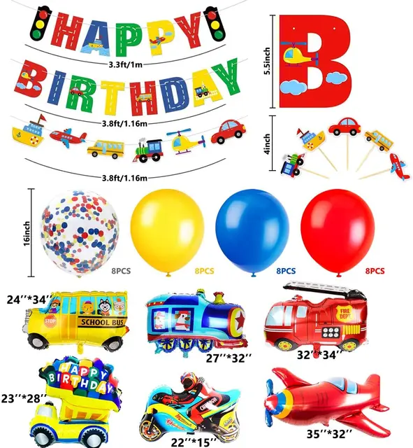 Birthday Decoration For Boys Happy Birthday Banner Cars School Bus Train Fire Truck Motorcycle Plane Balloons Transport Vehicles Ballons Accessories Aliexpress