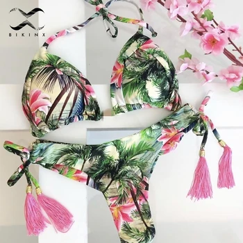 

Tassel swimsuit with flowers Sexy push up bikinis 2020 mujer Triangle swimwear women summer bathers Tie up bathing suit swimsuit