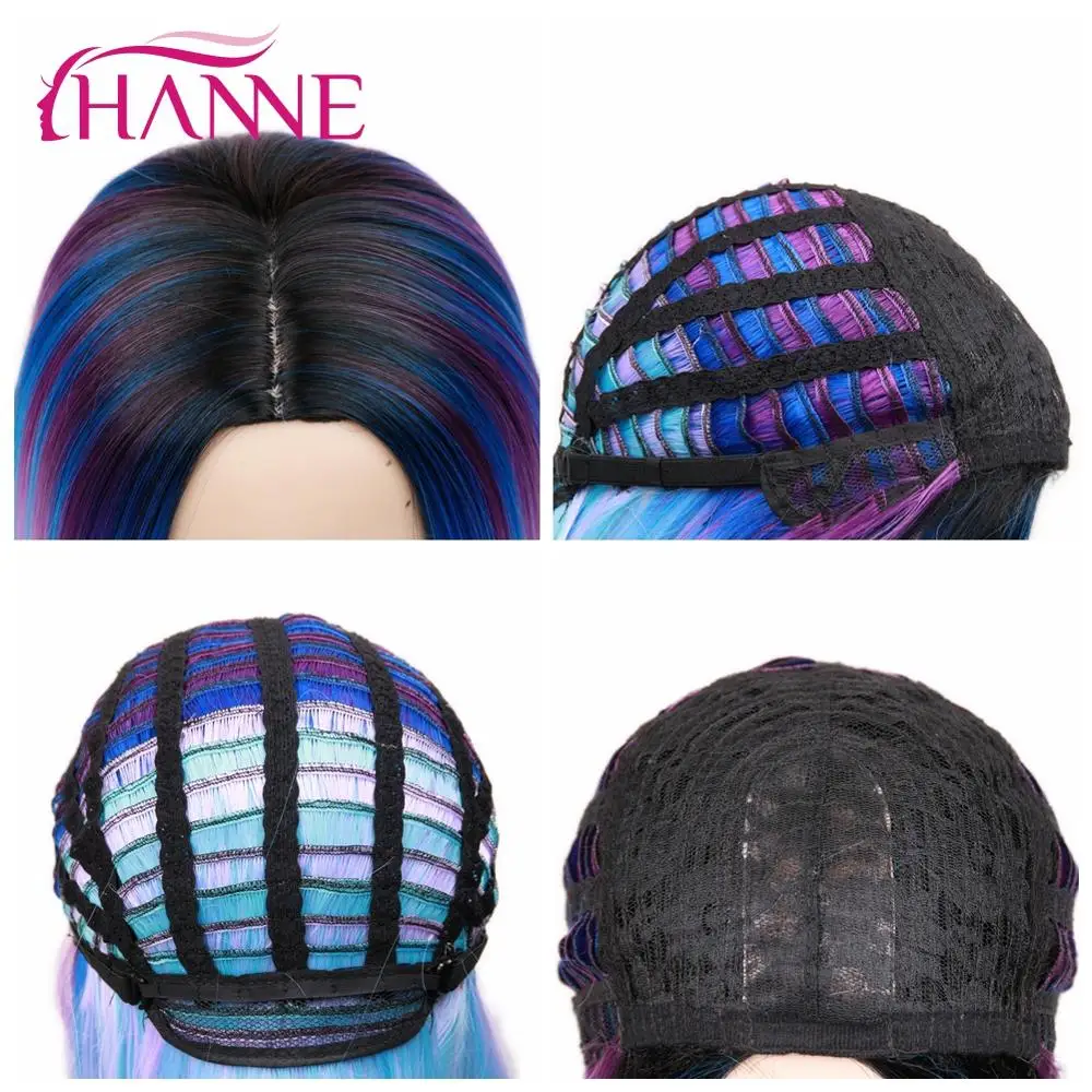 HANNE, короткий синтетический парик, Омбре, черный, смешанный, синий, фиолетовый, прямой, жаропрочное волокно, парик для женщин, косплей или вечерние, парик