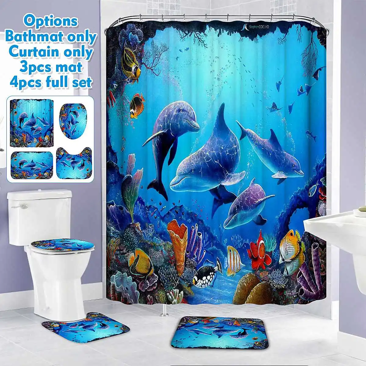Ocean Shower Curtain Set Non-slip Bath Mat Pedestal Toilet Seat Cover Lid Rug
