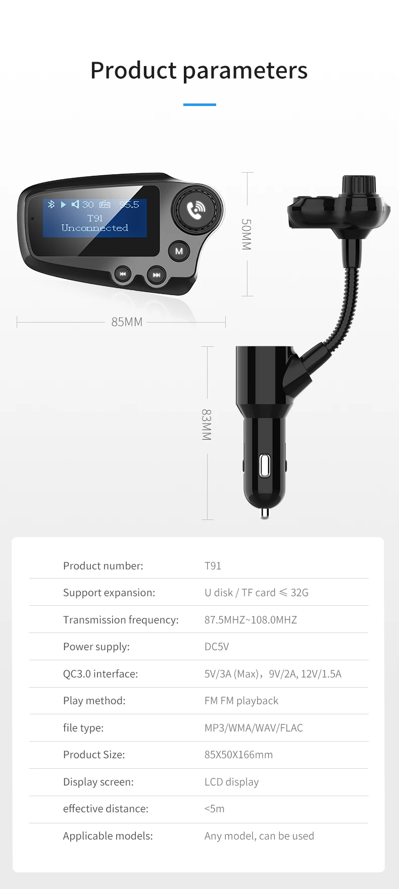 YIBEIKApantalla grande transmisor FM inalabmbrico coche kit manos libres Bluetooth coche MP3 audio con doble carga USB для Xiaomi