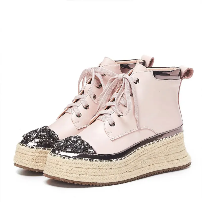 

New Fashion Genuine Rhinestone Toe Hemp Rope Platform Wedges Shoes Women's Lace-Up Deep Shoes