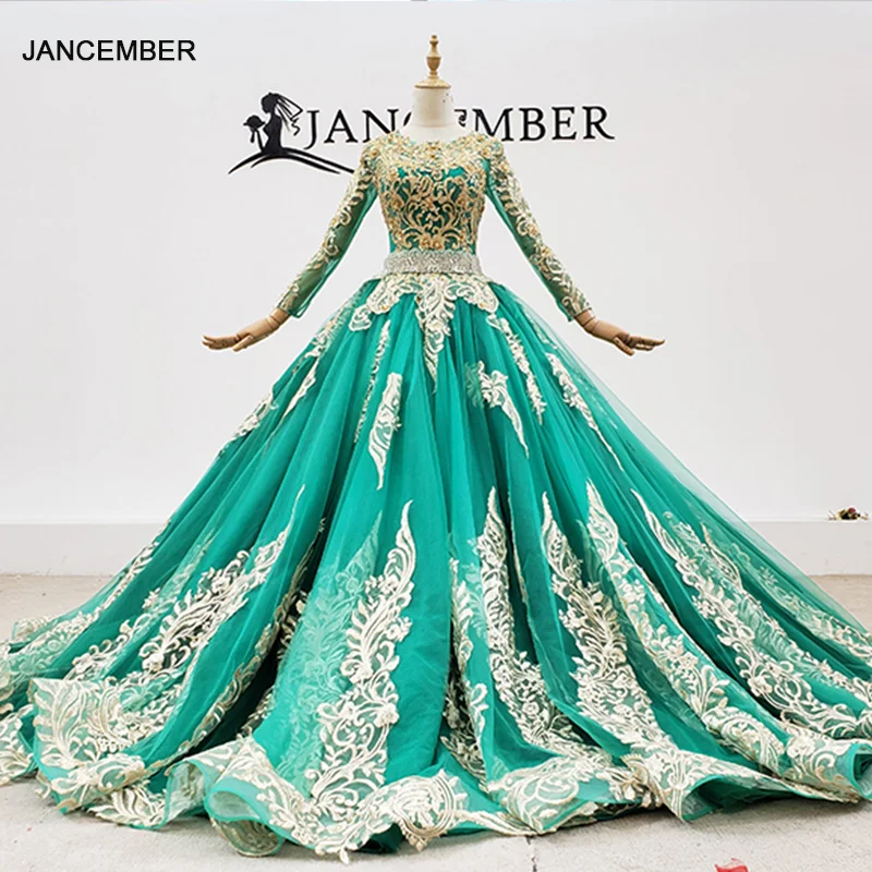 『Cheap!!!』- HTL1784 Golden Sequined Applique Green Custom Evening
Dress For Wedding Party 2020 O-Neck Long Sleeve Crystal Ball Gowns