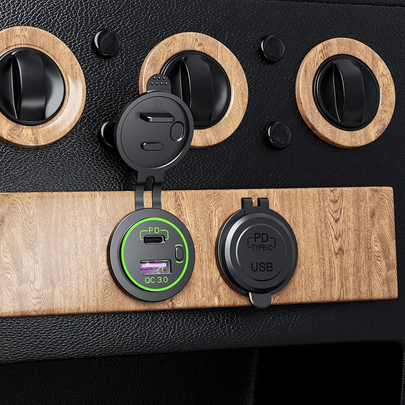 USB 차량용 충전기 PD 타입 C QC 3.0 고속 충전 전원, 스위치 포함, 범용 오토바이 자동차 트럭 RV ATV 보트, 60W