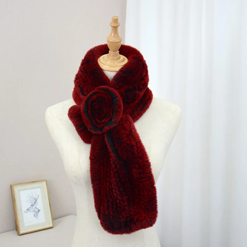 Новые женские вязаные шарфы из кроличьего меха с цветами, зимний модный вязаный шарф, кольца, теплый для шеи, теплые мягкие для девочек