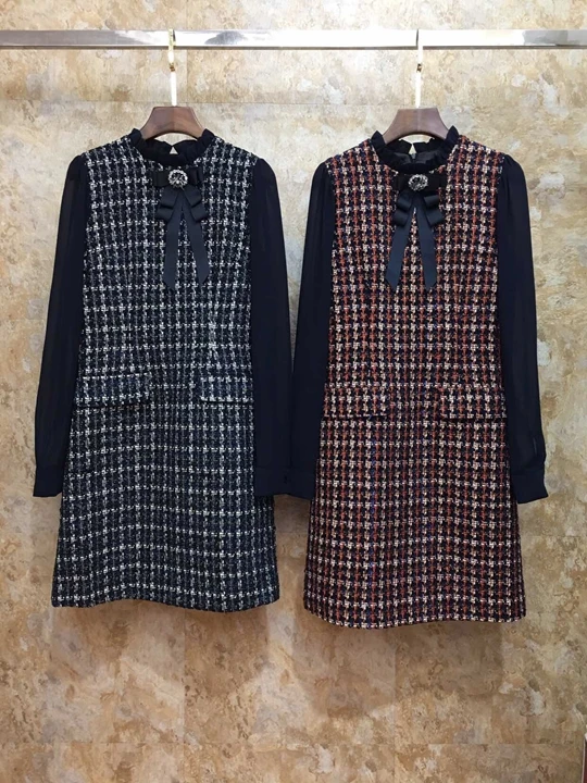 Новое Женское осеннее и зимнее шерстяное платье в клетку с бантом и сшитыми рукавами 1004