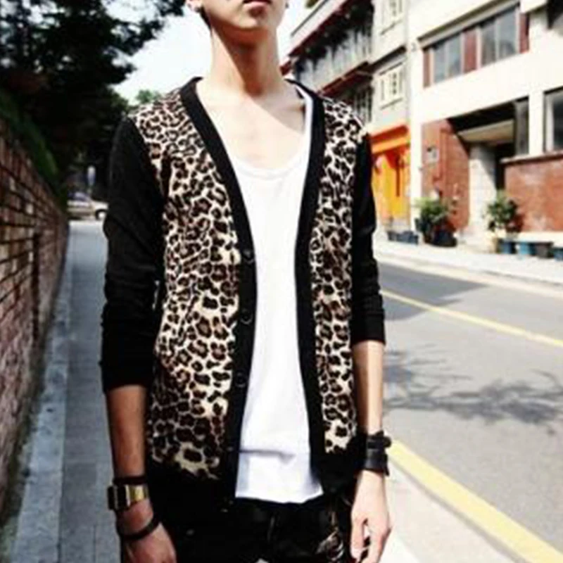 

European and American men out of the street leopard long-sleeved t-shirt cardigan shirt large size men's costumes DS night field