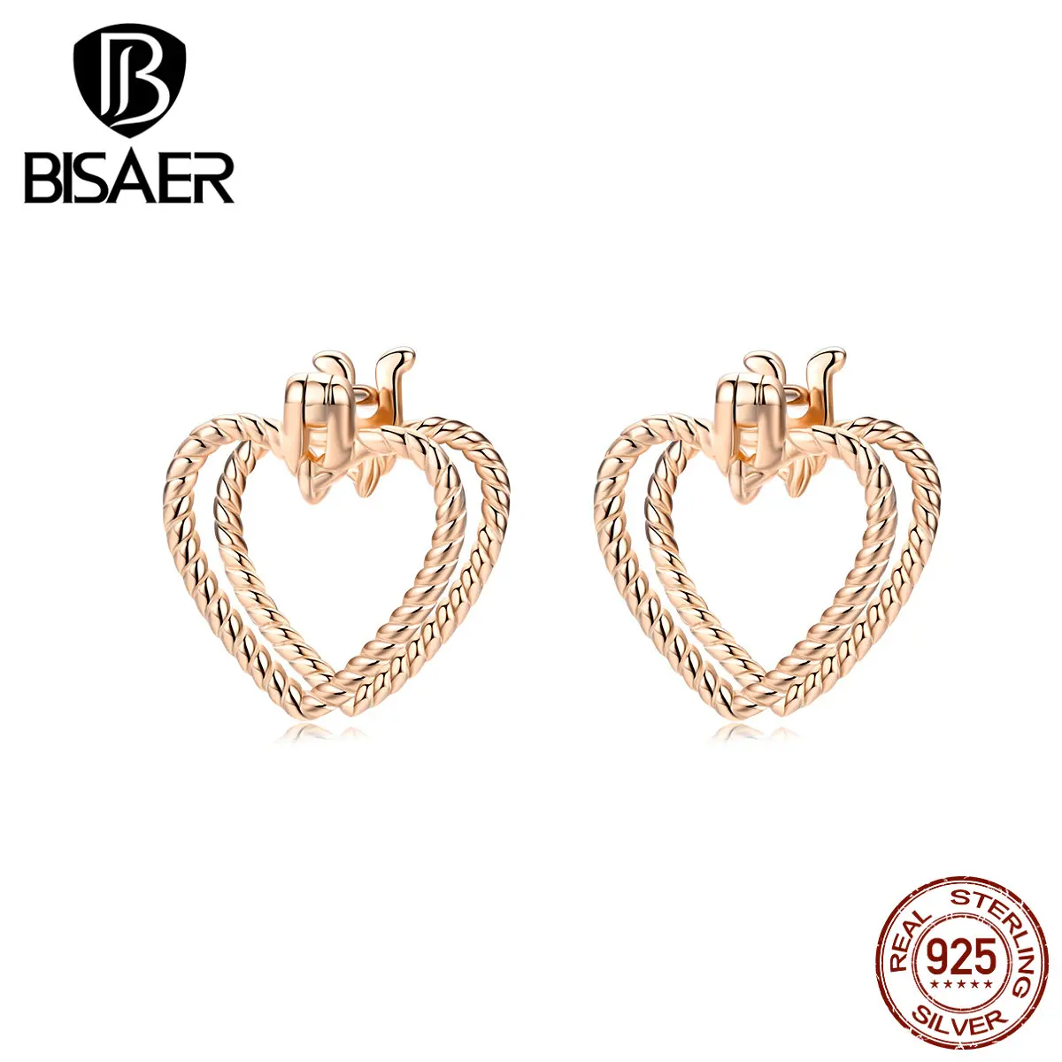 

BISAER authentic 925 sterling silver zircon love heart stud earrings for women wedding brial earrings jewelry ECE696
