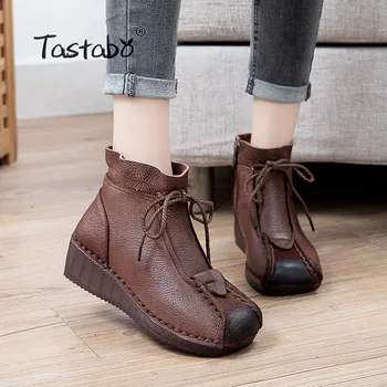 

Ankle Boots For Women Shoes Genuine Leather Lace-up Women Boots 2020 New Round Toe Flat With Sewing Ladies Shoes A9373