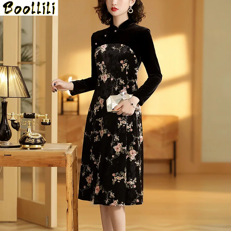 

Boollili Spring Autumn Dress Women Clothes 2020 Print Floral Dress Party Dress Vintage Dress Elegant Vestidos Robe Femme