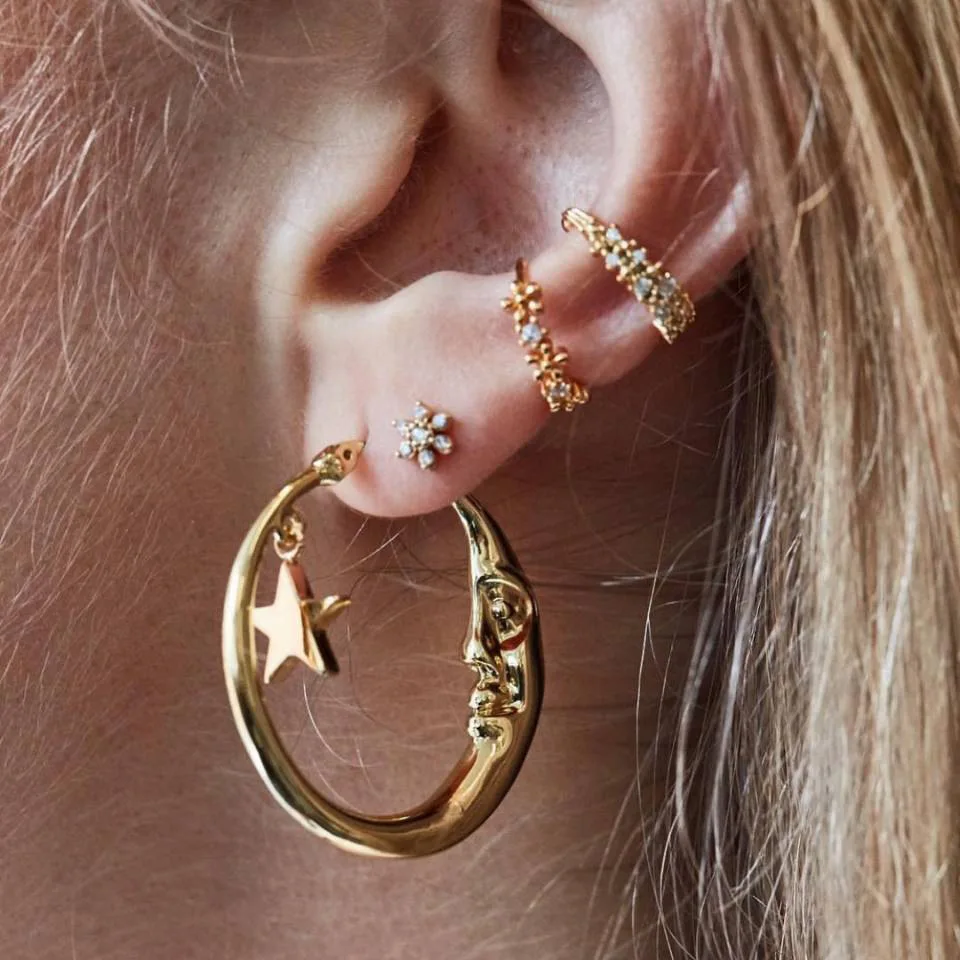 

Personality Punk Style Embedded In Semi-precious Stones Type C Flowers Moons and Stars Combination of 4 Sets Of Ear Studs