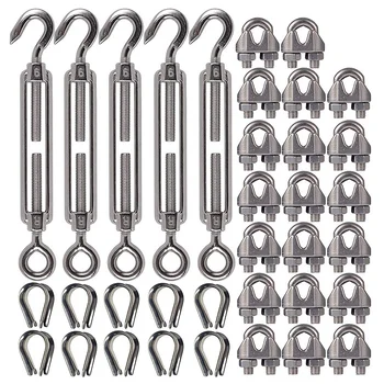 

ELEG-304 Stainless Steel Turnbuckle M6 Wire Rope Tension Tensioner Strainer and M3 Wire Rope Clips, 1/8 Inch Cable Railing Kit f