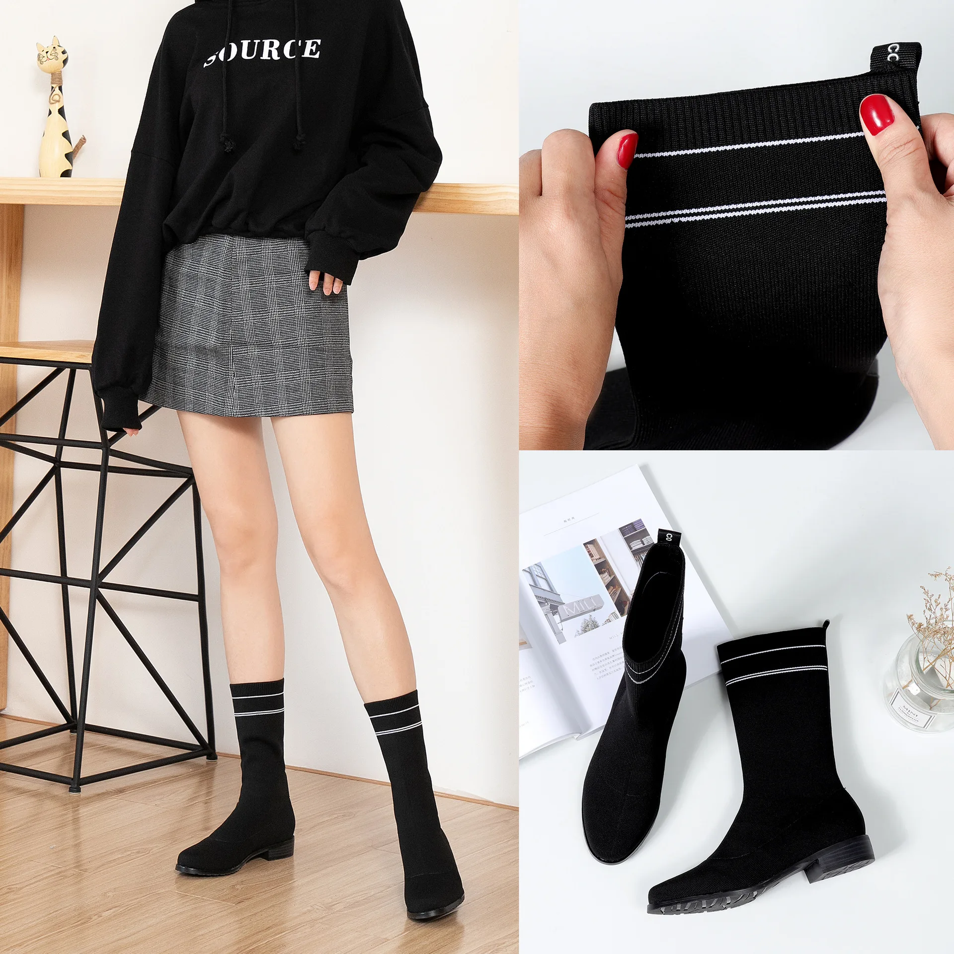 

Woman Boots Knitting Tight Mid-Calf Black Winter Booties Woman 2019 Square Heels Round Toe Slip On Boots Women Martin Western
