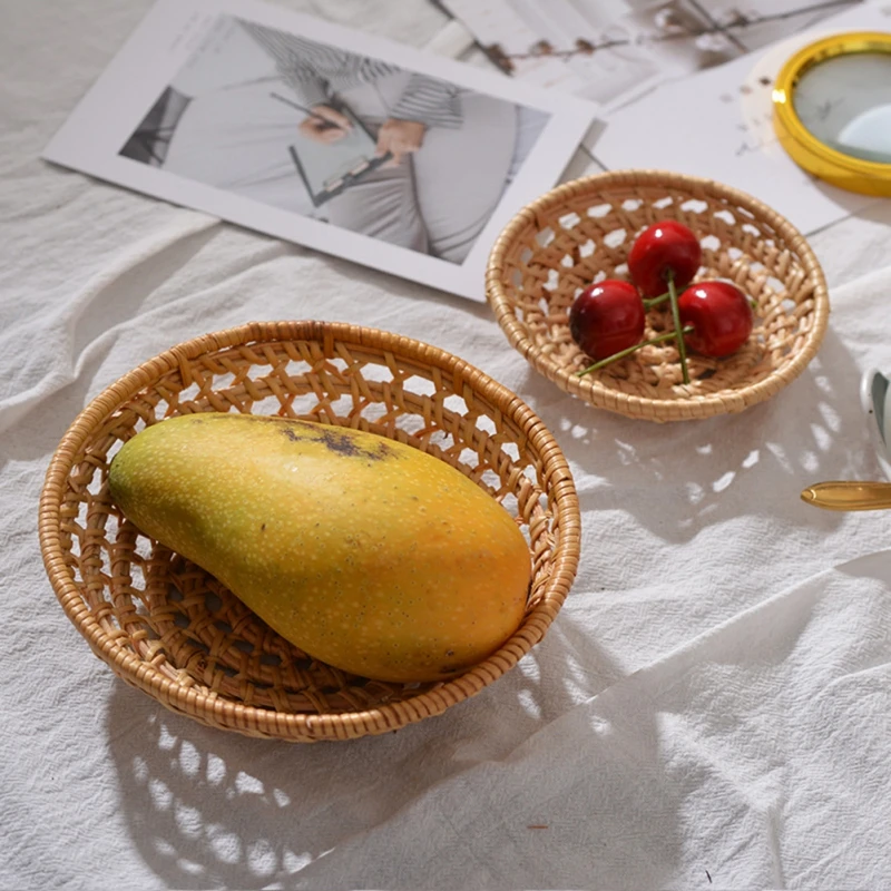 Rattan Bread Basket Round Hand-Woven Tea Tray Food Serving Platter For Dinner Parties Coffee Breakfast Container Household 4