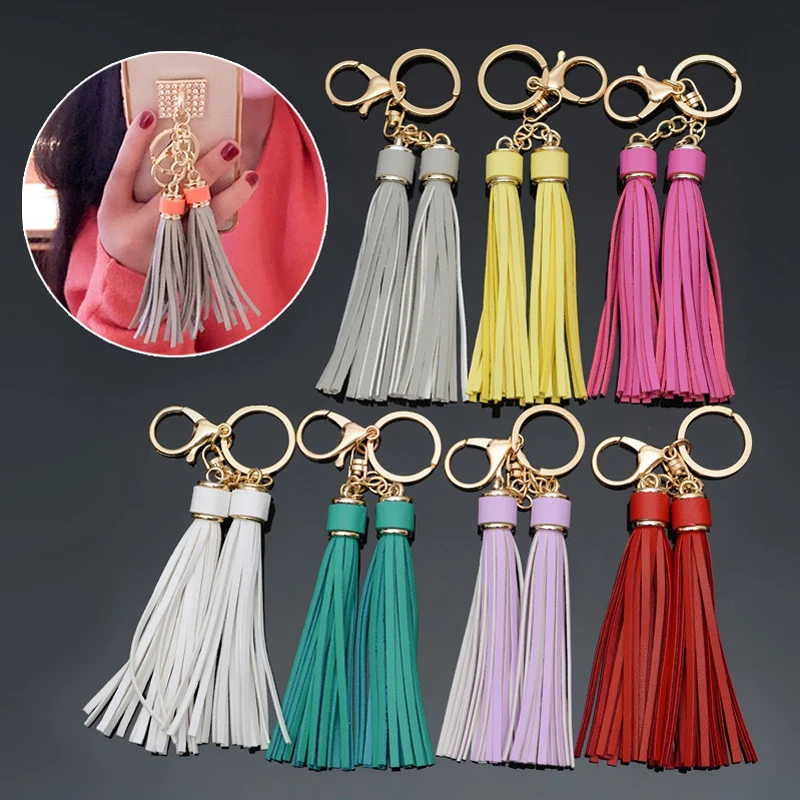 Fashion PU Leather Tassel Keychain For Women Leather Car Keyring Long