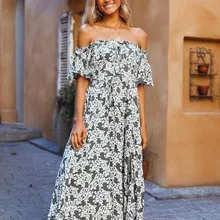 Summer women&#39;s casual floral print off-the-shoulder short-sleeved ruffled dress