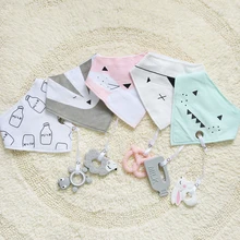 Ensemble de bavoirs en coton pour bébé, 1 ensemble de bavettes et de chiffons de dessin animé, anneau de dentition en Silicone, animaux, produits pour nouveau né 