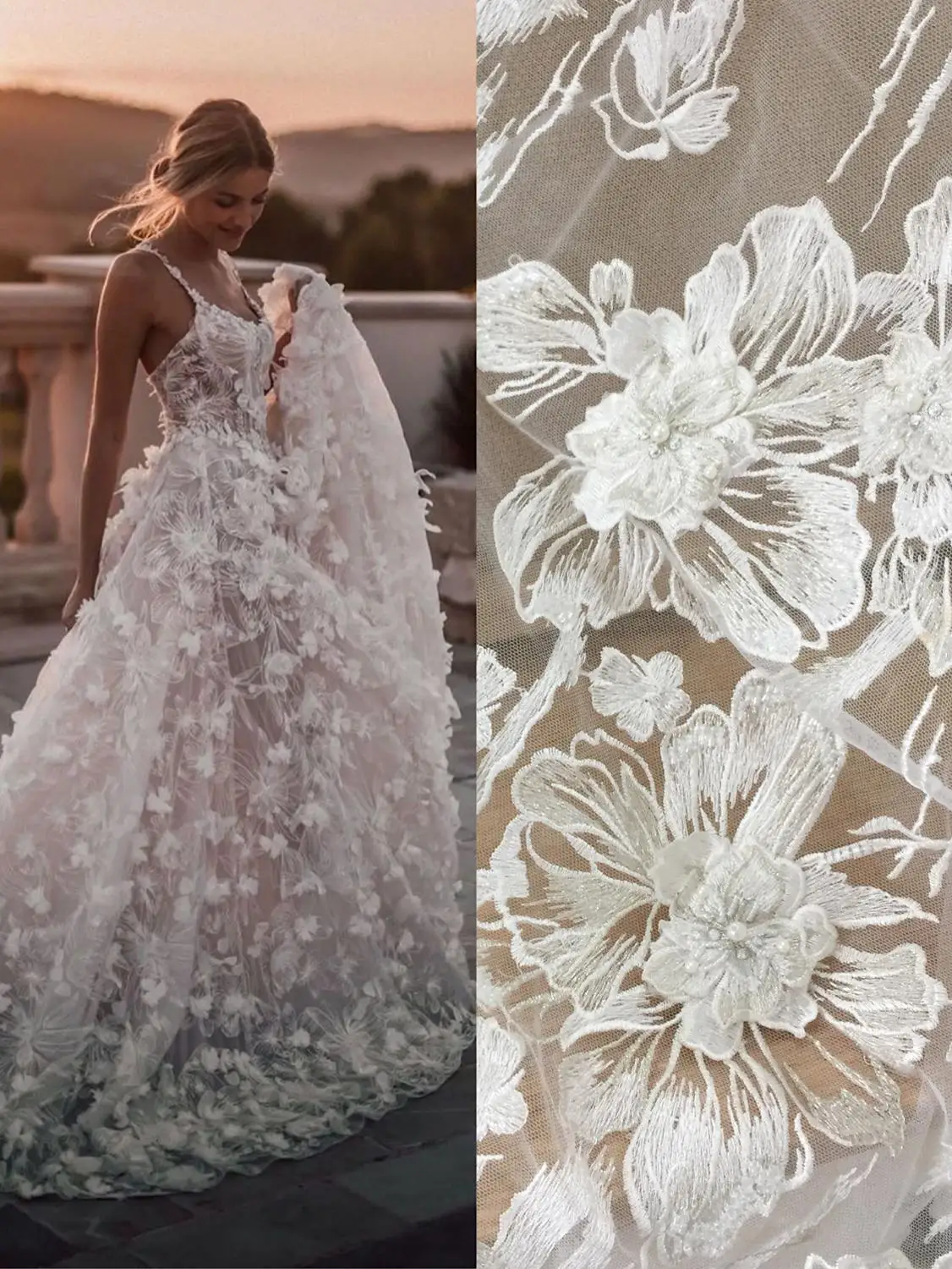 

3D appliques+Beads+Silvery thread tulle mesh embroidery wedding gowns lace fabric! 2019 NEW European brides lace fabric 1 Yard!