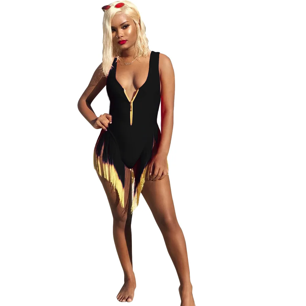 Женский купальник без рукавов на молнии облегающий боди с кисточками пляжная