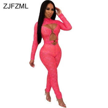 

Front Hollow Out Sexy Lace Overall For Women Turtleneck Long Sleeve Perspective Jumpsuit Casual Ladies Night Club Party Bodysuit