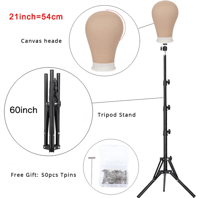 Alileader New 152Cm/64Cm Wig Stand Wig Tripod With Mannequin Canvas Block Head Adjustable Tripod Stand Wig Making kit TPins Gift 21inch xitou black