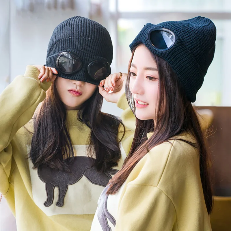 

Unisex Wool Knitted Goggles Beanie, Leisure Thermal Fluffy Warm Autumn Winter Hat Sports Cap Heat Keeper Ear Snow Cold Protector