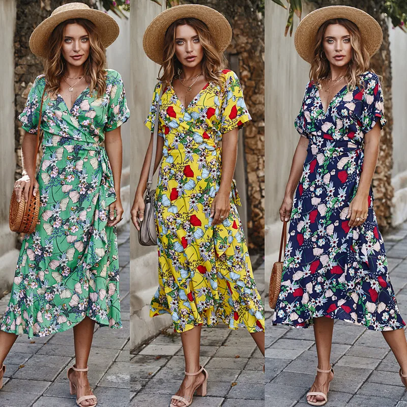 

Yellow Midi Dress Wrap Belt Floral Print Sexy Women Dress Beach Boho Dresses V Neck Elegant Party Vestidos Summer Vacation Robe