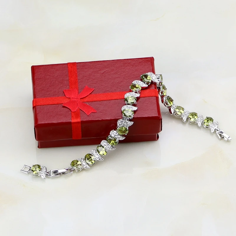 Punk Olive Green Rhinestone White CZ Charm 925 Sterling Silver Chain Link Bracelet For Women Free Gift Box | Украшения и