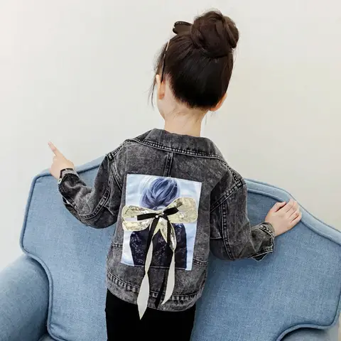 Fall Kids Black Jacket Girls Ripped Hole Teen Casual Sequins Bow Printed Coat Jeans Baby Kid Girl Demin Outerwear Clothes