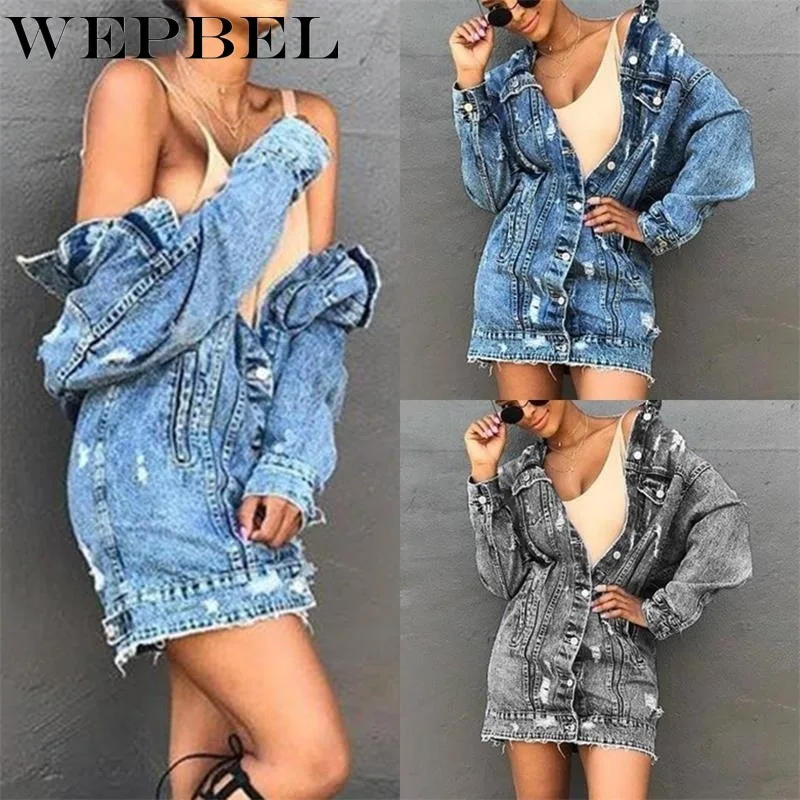 

WEPBEL Women's Casual Patchwork Denim Jacket Autumn Vintage Hole Long Sleeve Single Breasted Turn-down Collar Slim-Fit Jacket